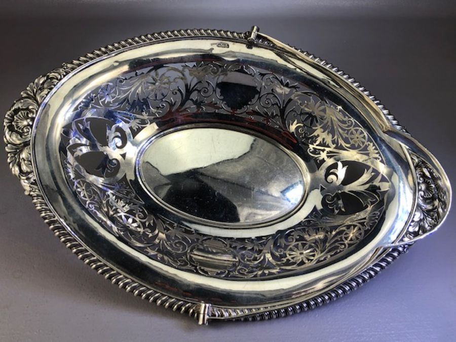 Hallmarked Silver pierced basket with hinged handle Hallmarked for Sheffield approx 640g and 34cm - Image 9 of 11