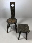 Ebonised prayer stool and low table on bobbin turned legs chair A/F