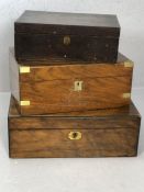 Three antique boxes and writing slopes