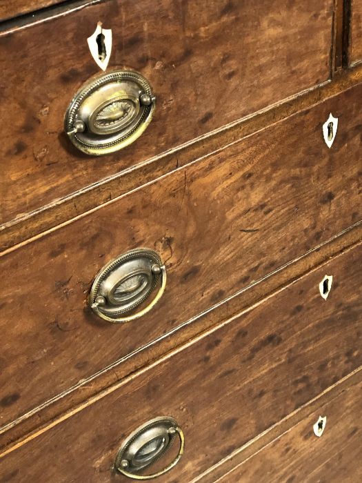 Antique pine and mahogany chest of drawers with original brass handles and shield design escutcheons - Image 5 of 5