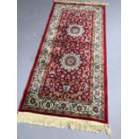 Small red ground Kashmir rug / runnner, approx 45cm x 67cm