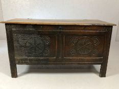 Carved Plank top Oak Coffer heavily carved approx107 x 45 x 57cm tall