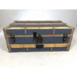 Blue wooden and metal bound truck, approx 86cm x 48cm x 35cm tall