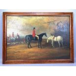 English School: Oil on board of a hunting scene, approx 66cm x 45.5cm, framed