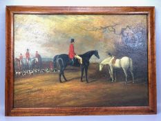 English School: Oil on board of a hunting scene, approx 66cm x 45.5cm, framed