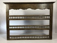 Wall hanging shelving unit with bobbin turned galleries, approx 141cm x 22cm x 105cm tall