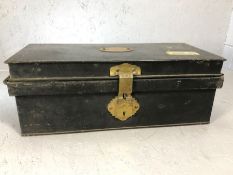 Small metal trunk, possibly military, by maker Sellman & Hill of Wolverhampton, red interior with