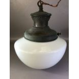 Art Deco opalescent white glass and copper pendant light, approx 40cm in drop