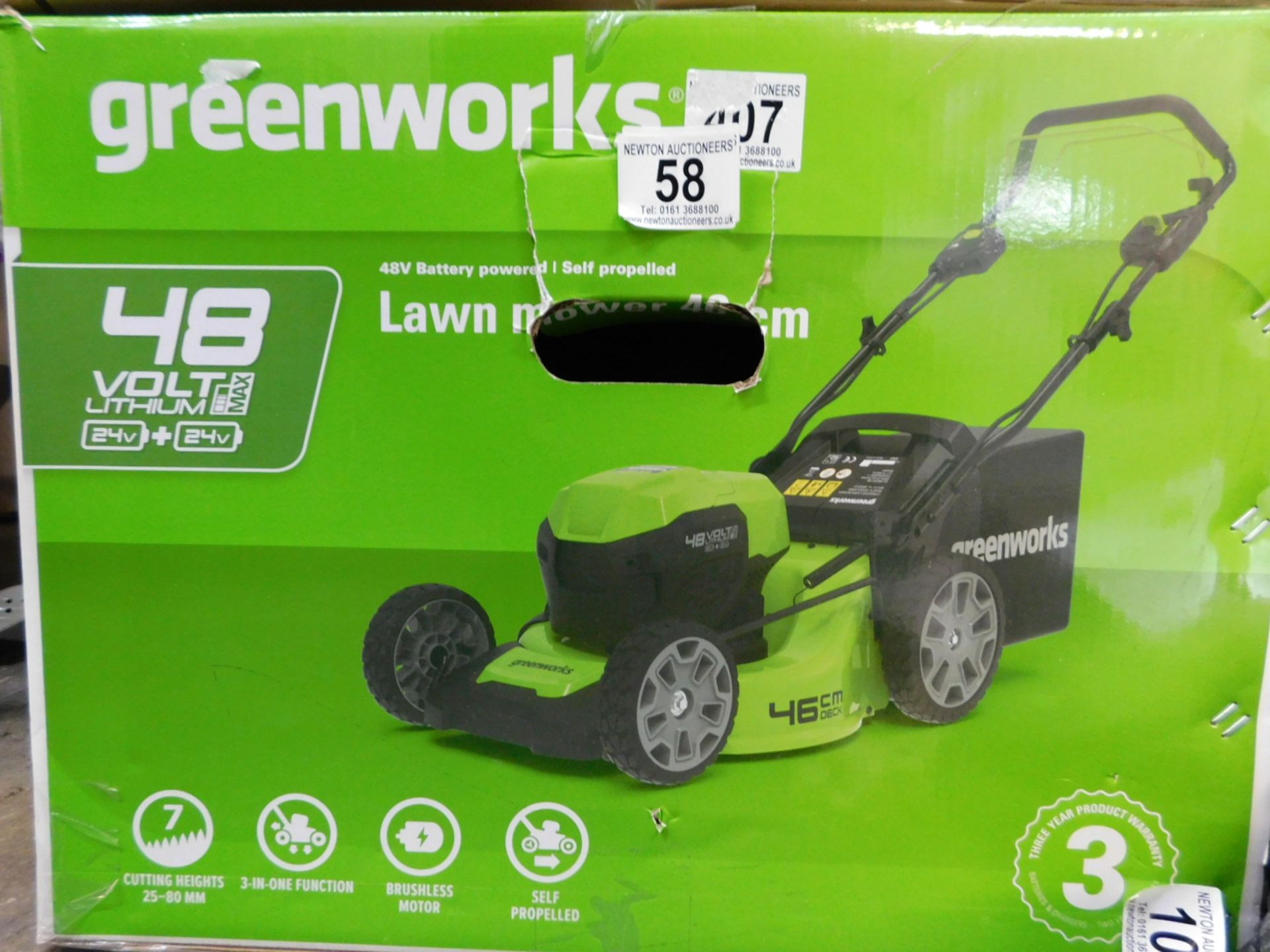 1 BOXED GREENWORKS 48V CORDLESS 46CM SELF PROPELLED LAWN MOWER RRP Â£429.99