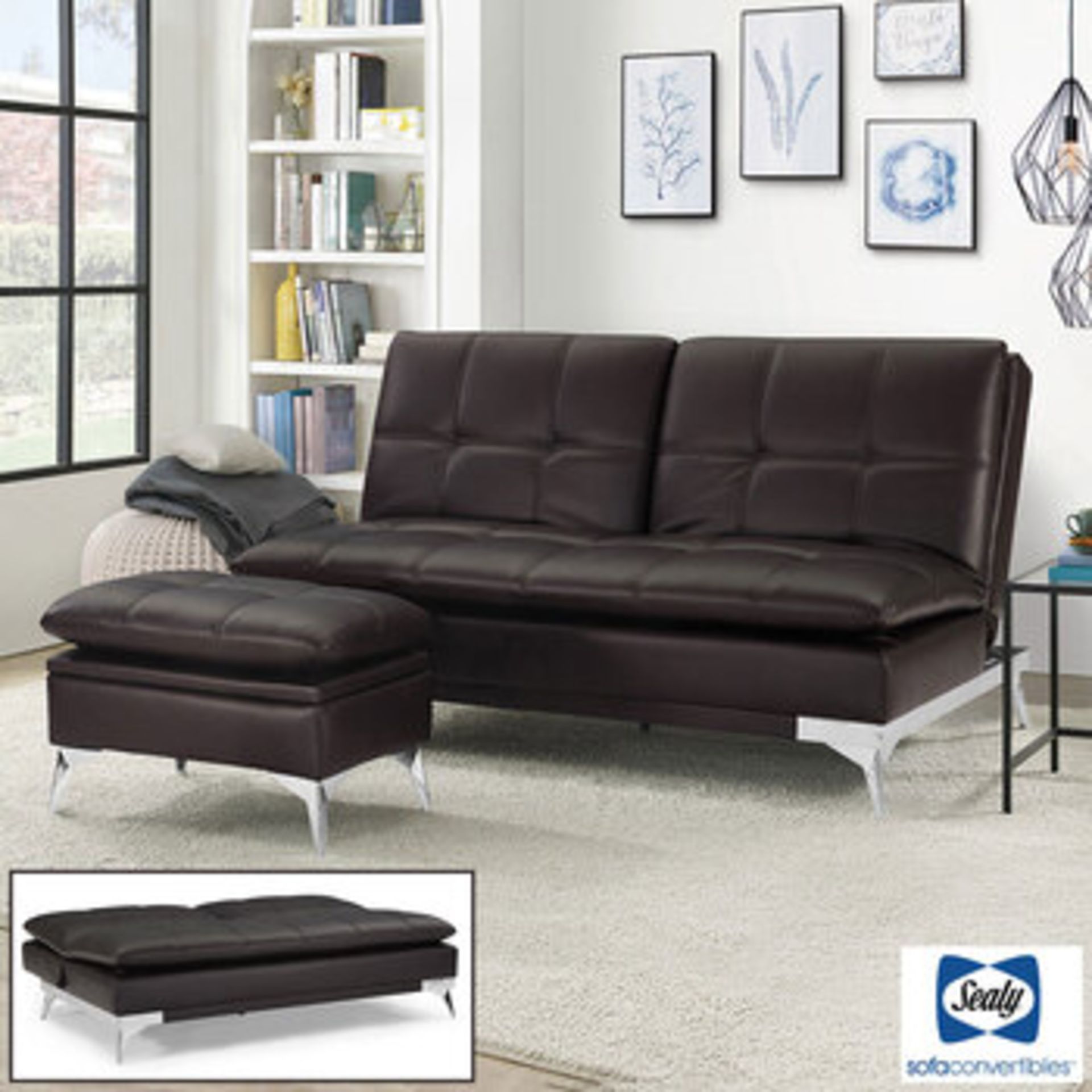 1 SEALY BROWN LEATHER CONVERTIBLE EUROLOUNGER WITH STORAGE OTTOMAN RRP Â£599