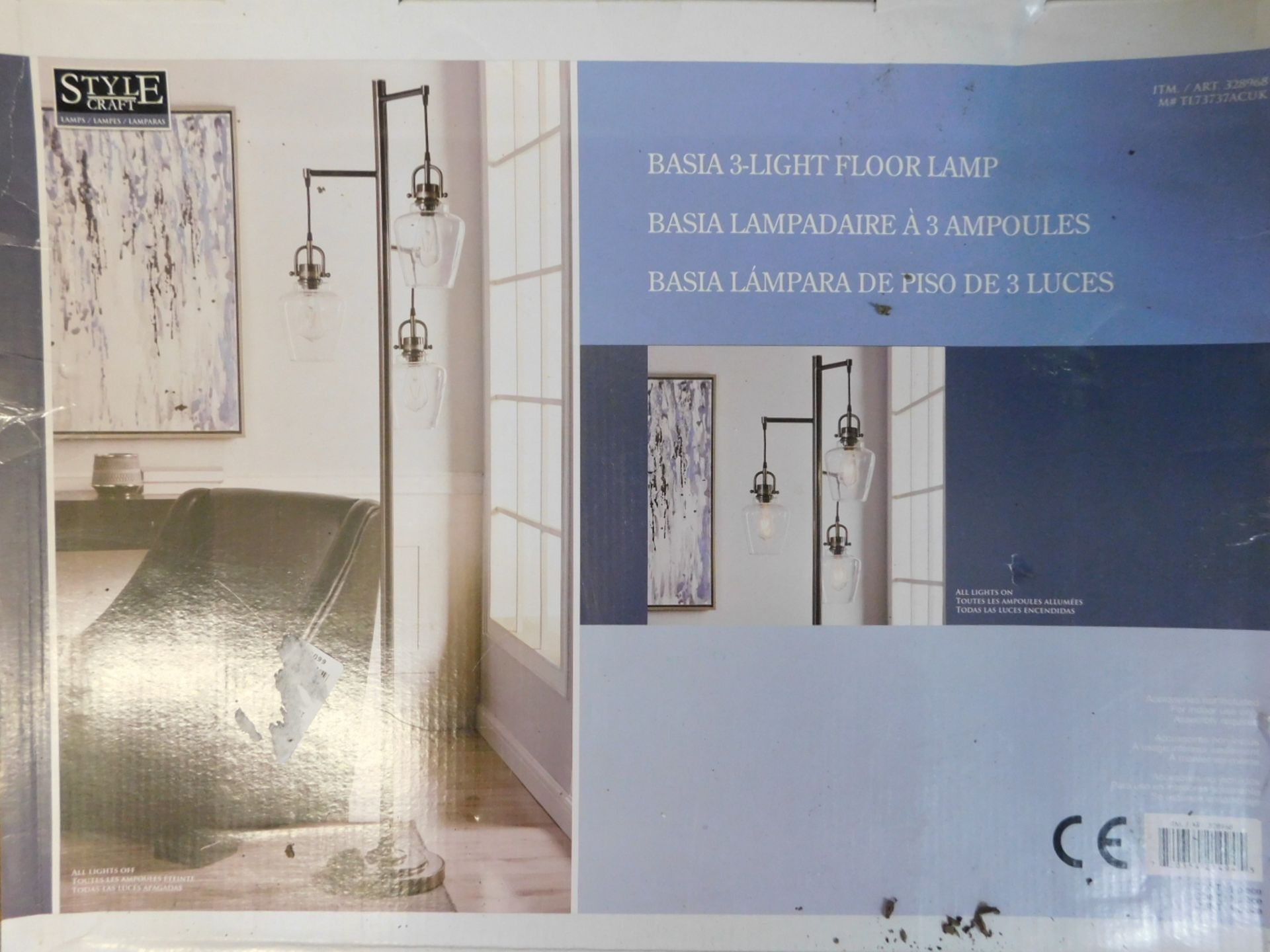 1 BOXED STYLE CRAFT BASIA 3 ARM NICKEL LIGHT FLOOR LAMP RRP Â£119.99