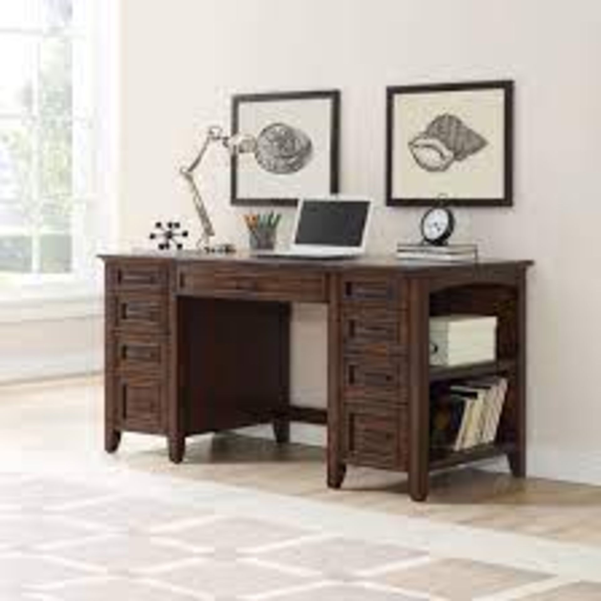 1 BOXED BAYSIDE FURNISHINGS SOLID WOOD WRITING DESK WITH STORAGE DRAWERS RRP Â£399 (3 BOXES)