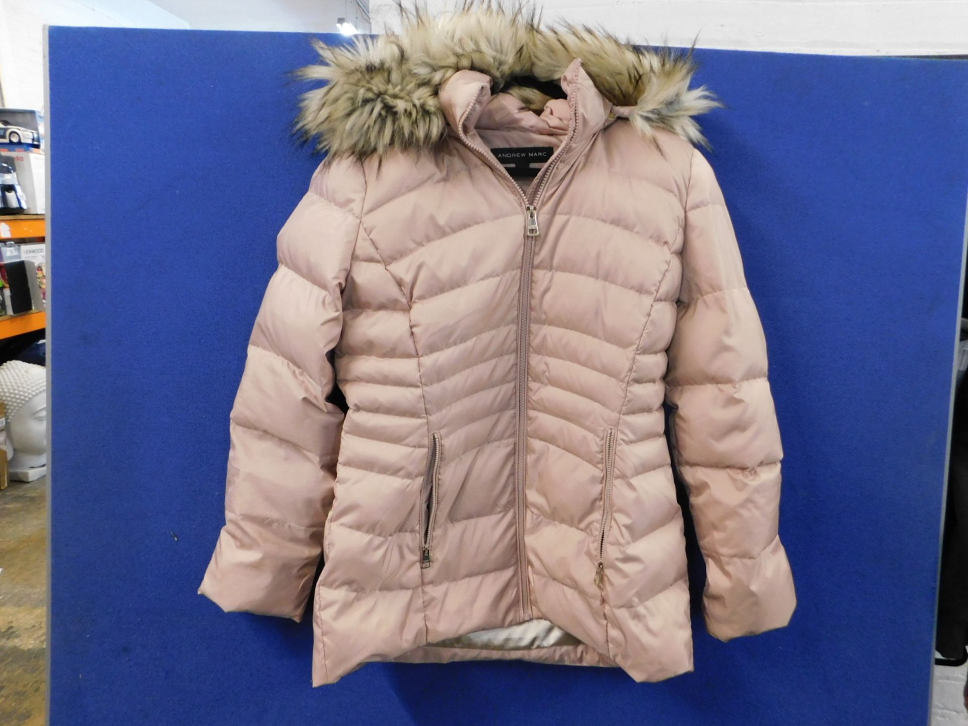 1 LADIES ANDREW MARC SHORT DOWN WITH HOODY IN SKY LIGHT PINK SIZE S RRP Â£79