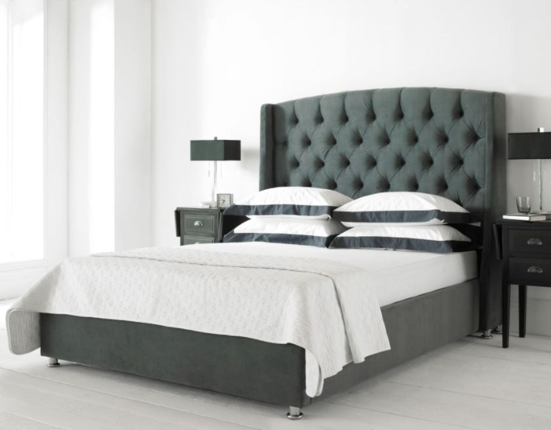 1 BUCKINGHAM CHARCOAL VELVET OTTOMAN WING BED RRP Â£799