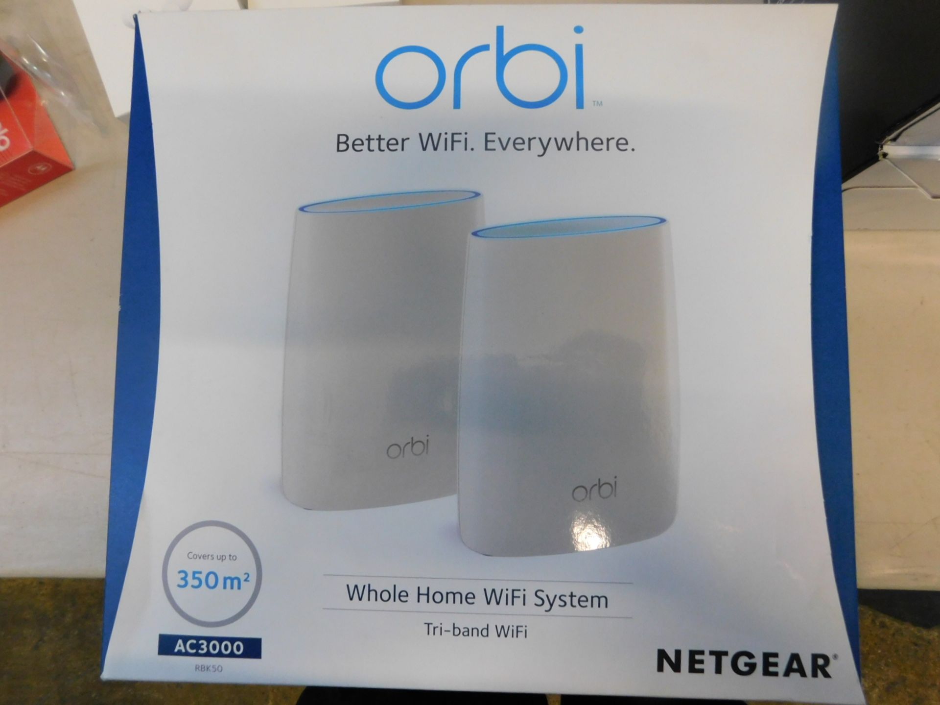 1 BOXED NETGEAR ORBI WHOLE HOME WIFI SYSTEM MODEL AC3000 COVERS UPTO 350 METERS SQUARED RRP Â£349