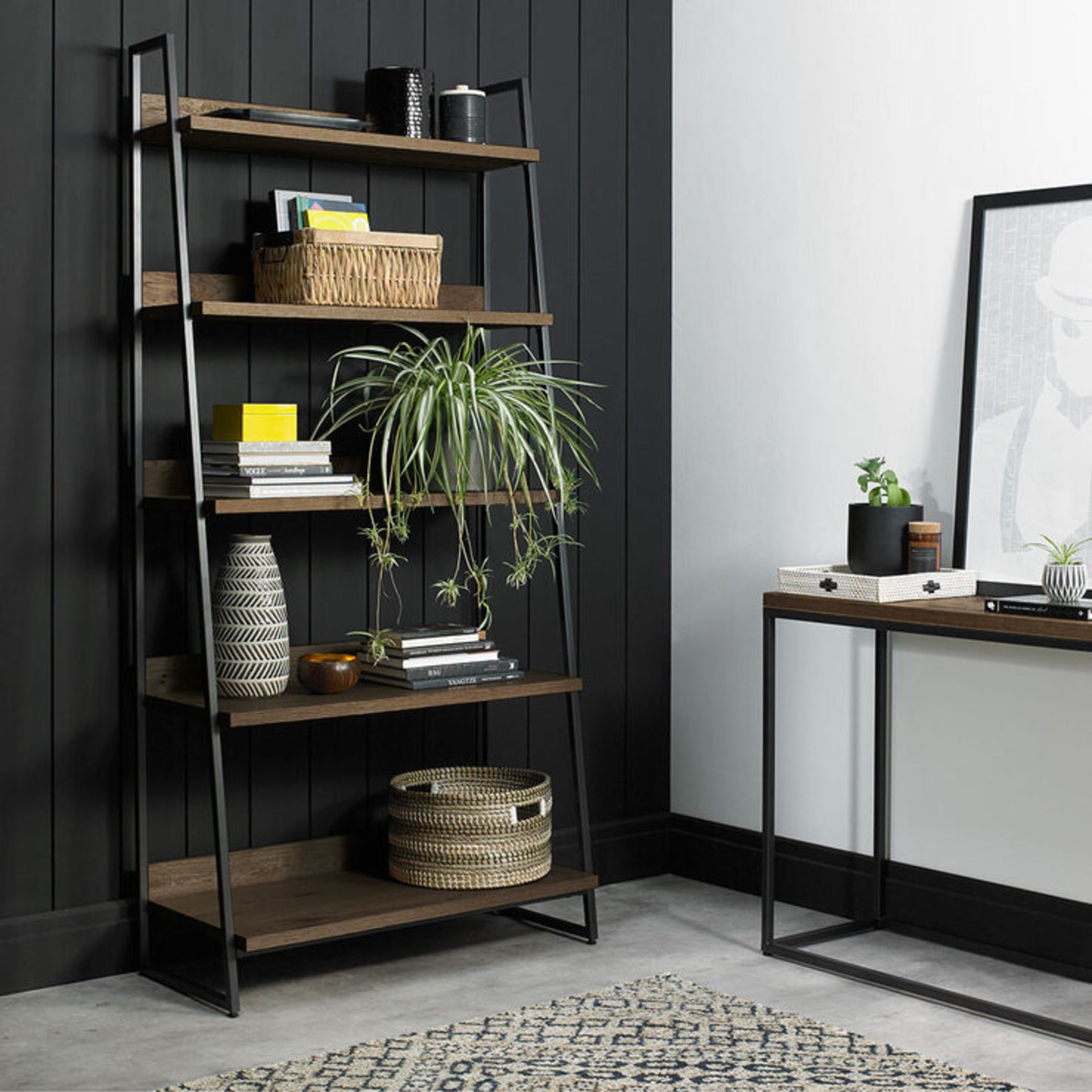 1 BENTLEY DESIGNS MILAN DARK OAK LADDER BOOKCASE RRP Â£299 (GENERIC IMAGE GUIDE, MISSING SCREWS)