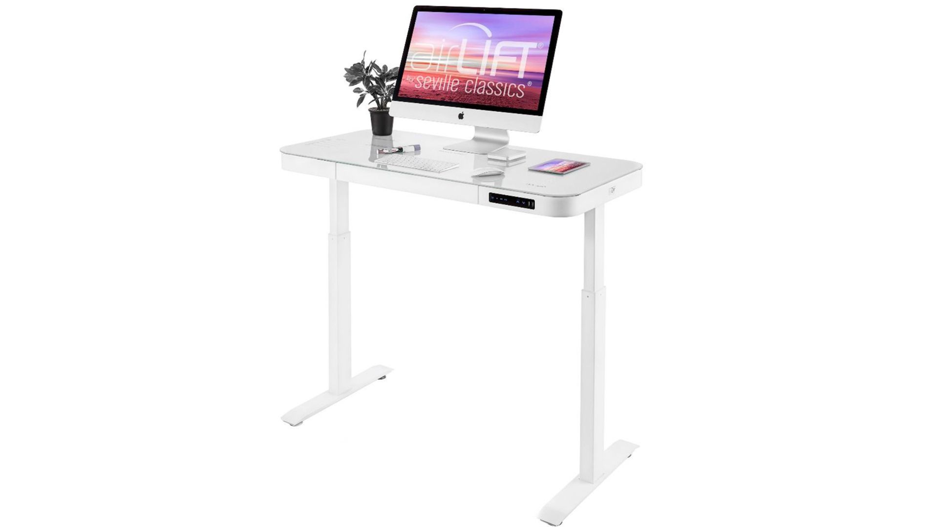 1 SEVILLE CLASSICS AIRLIFT PRO DUAL MOTORS TEMPERED GLASS ELECTRIC STANDING DESK WITH DRAWER, DUAL
