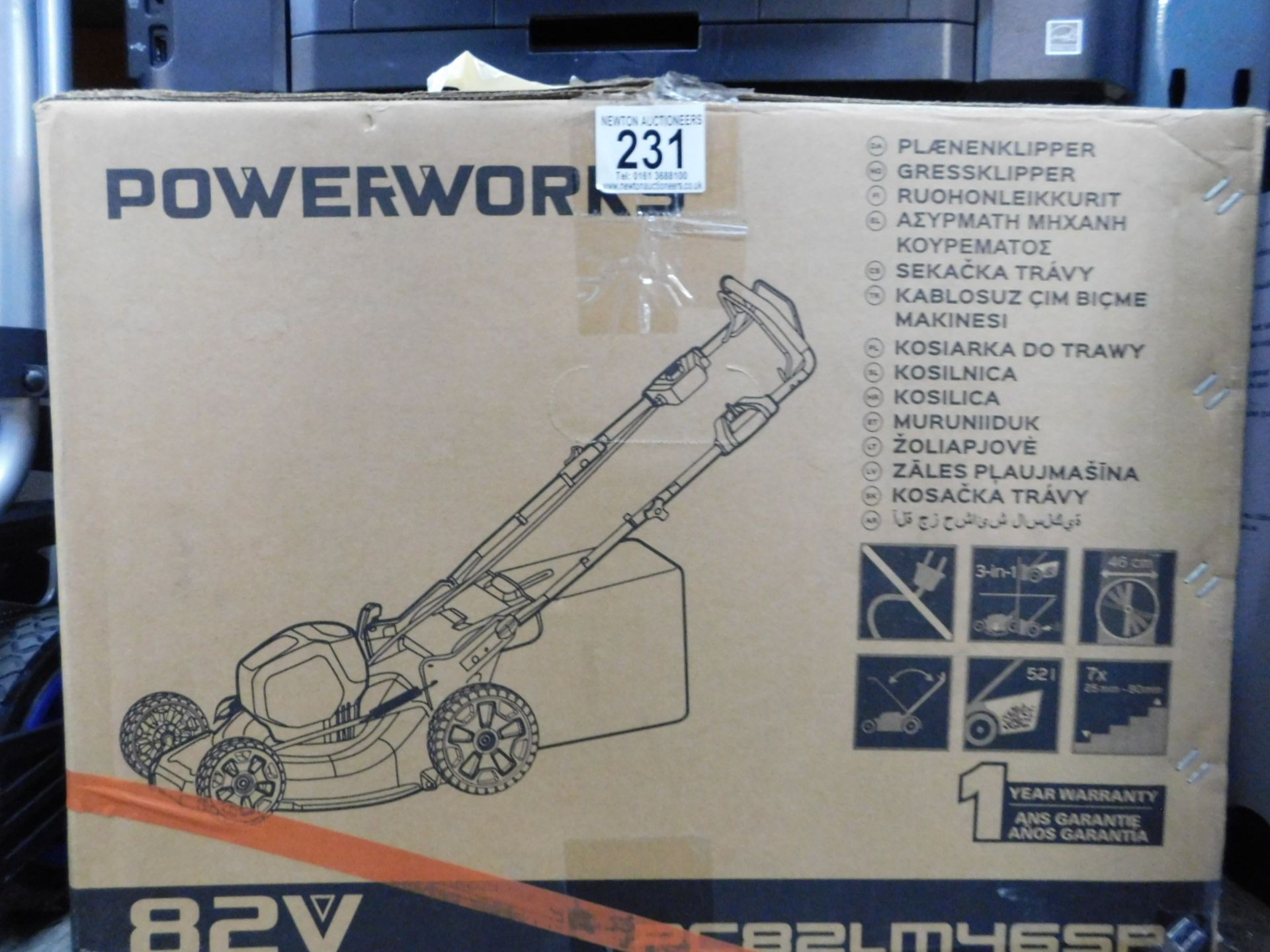 1 BOXED POWERWORKS 82V CORDLESS 46CM SELF PROPELLED LAWN MOWER WITH CHARGER AND BATTERY RRP Â£599