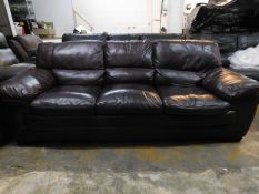1 DESIGNER RICHLAND BROWN 3 SEATER LEATHER SOFA RRP Â£1799 (LEFT SEAT CAVED IN)