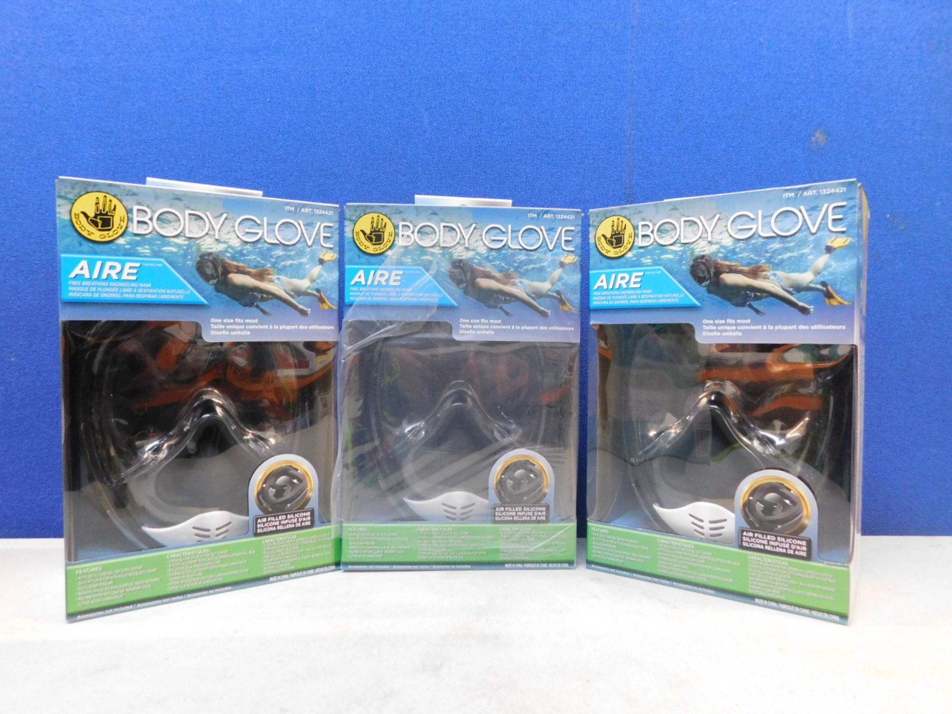 1 SET OF 3 BRAND NEW BOXED BODY GLOVE AIRE SNORKELING MASK RRP Â£89.99