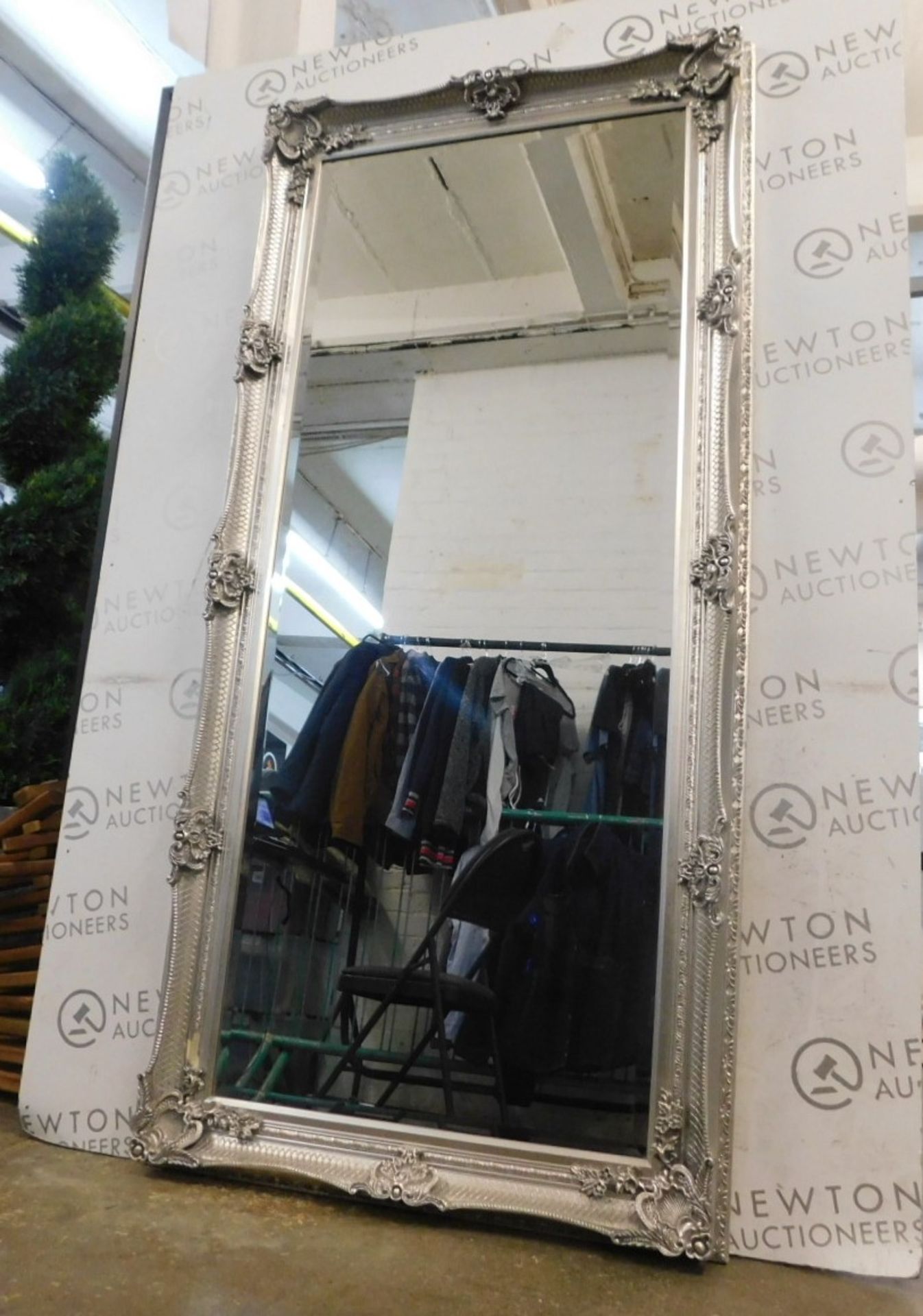 1 GALLERY CARVED LOUIS SILVER LEANER MIRROR WITH BEVELED GLASS 168X79 CM RRP Â£229 (OVERALL IN