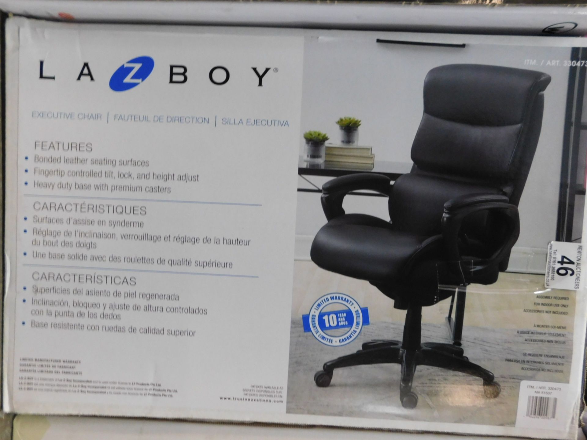 1 BOXED LA-Z-BOY AIR EXECUTIVE BLACK BONDED LEATHER OFFICE CHAIR RRP Â£299 (1 LEG CRACKED)