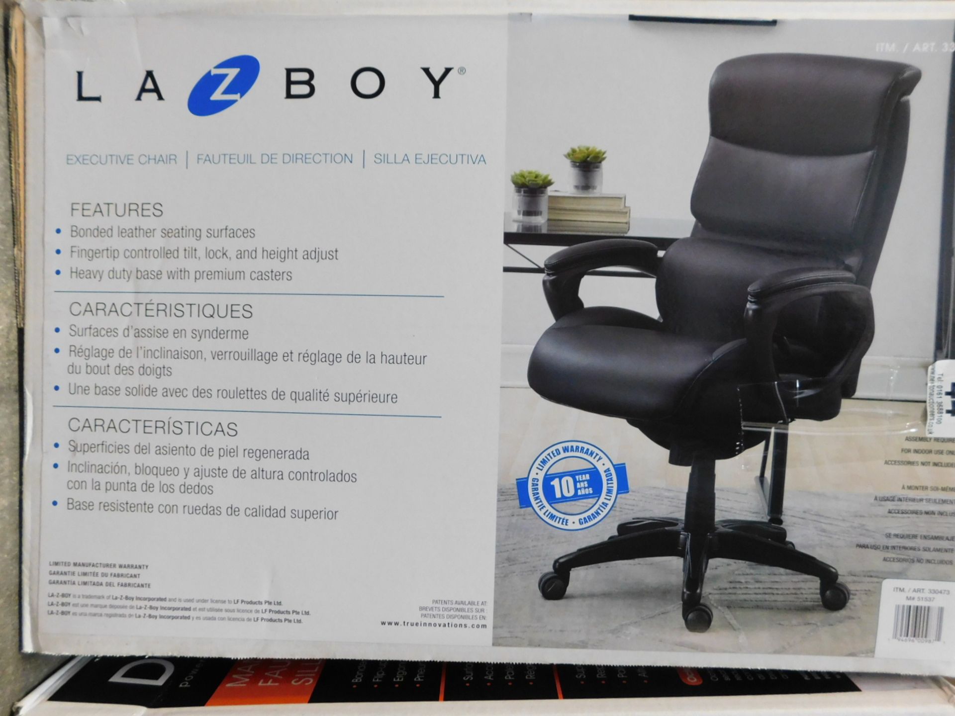 1 BOXED LA-Z-BOY AIR EXECUTIVE BLACK BONDED LEATHER OFFICE CHAIR RRP Â£299 (1 LEG CRACKED)