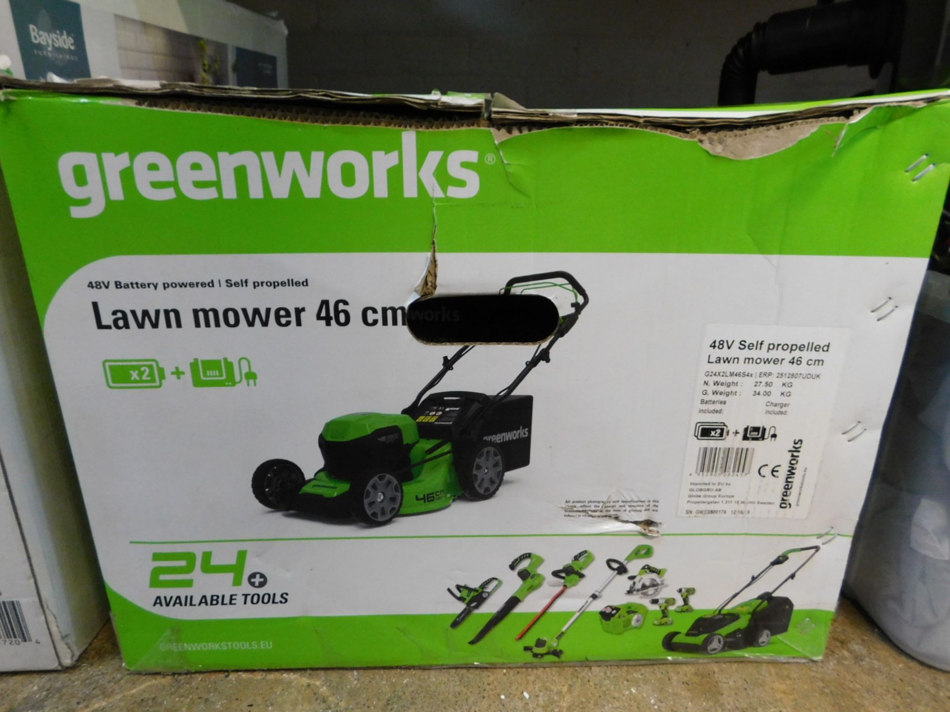 1 BOXED GREENWORKS 48V CORDLESS 46CM SELF PROPELLED LAWN MOWER WITH 2 BATTERIES AND CHARGER RRP Â£