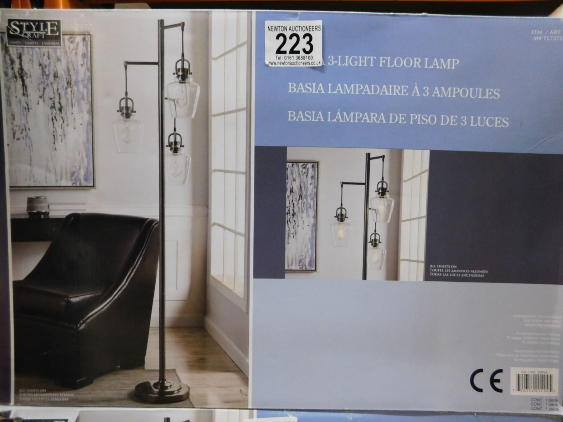 1 BOXED STYLECRAFT BASIA 3 ARM NICKEL FLOOR LAMP RRP Â£89