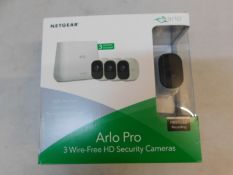 1 BOXED ARLO PRO SECURITY SYSTEM KIT WITH SIREN, 3 RECHARGEABLE INDOOR/ OUTDOOR WIRELESS HD