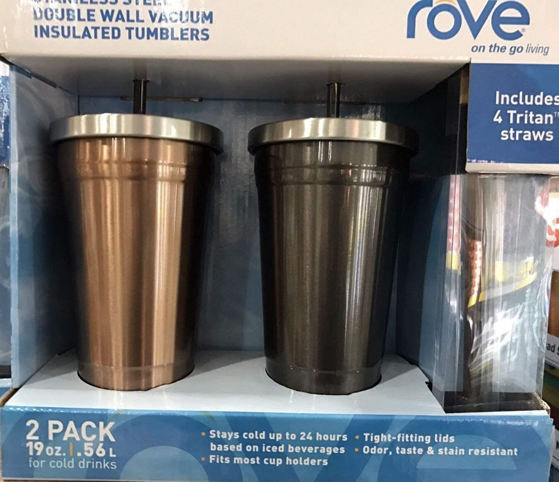 1 BRAND NEW BOX OF 2 ROVE STAINLESS STEEL DOUBLE WALL VACUUM INSULATED TUMBLERS WITH STRAWS RRP Â£