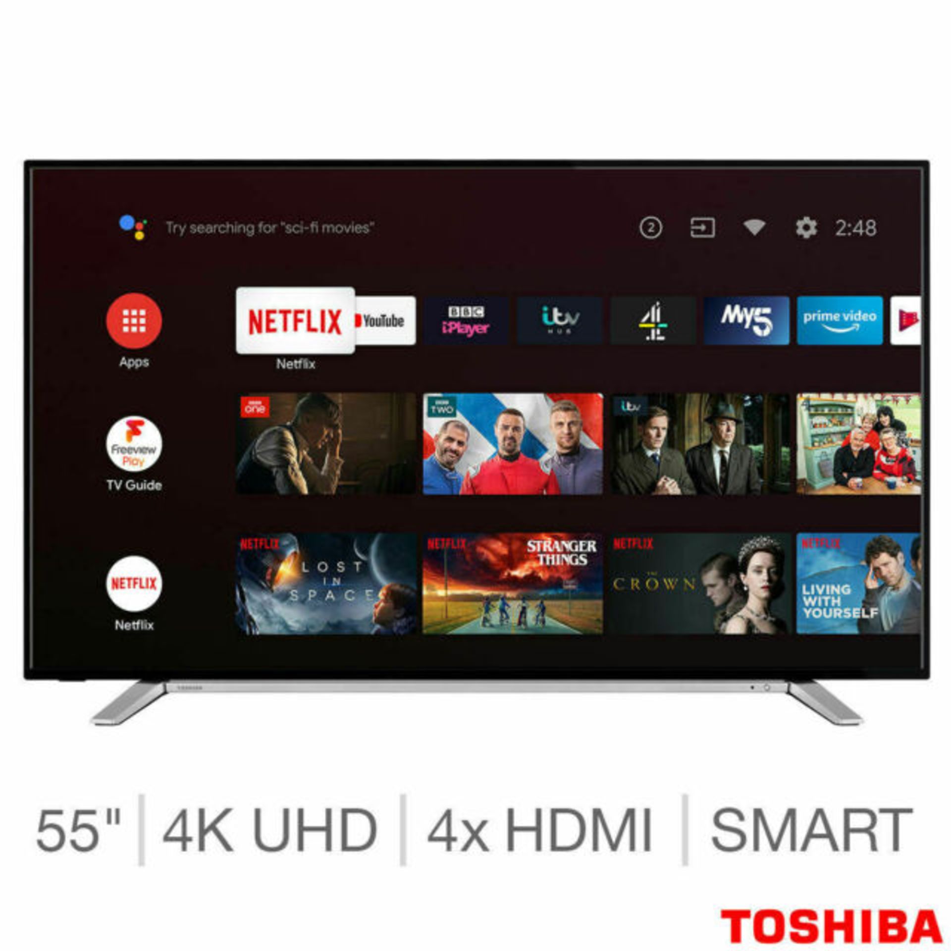 1 BOXED TOSHIBA 55UA2B63DB 55 INCH 4K ULTRA HD SMART TV WITH STAND AND REMOTE RRP Â£399 (WORKING)