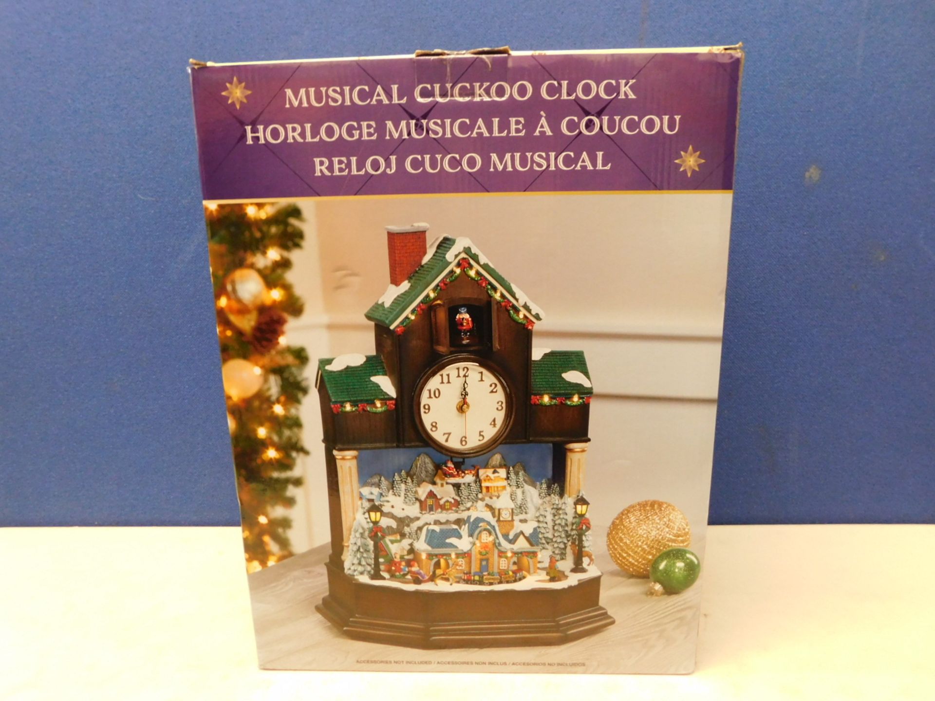 1 BOXED MUSICAL CHRISTMAS CUCKOO CLOCK TABLETOP ORNAMENT WITH LED LIGHTS & SOUNDS 16.5 INCHES (42CM)