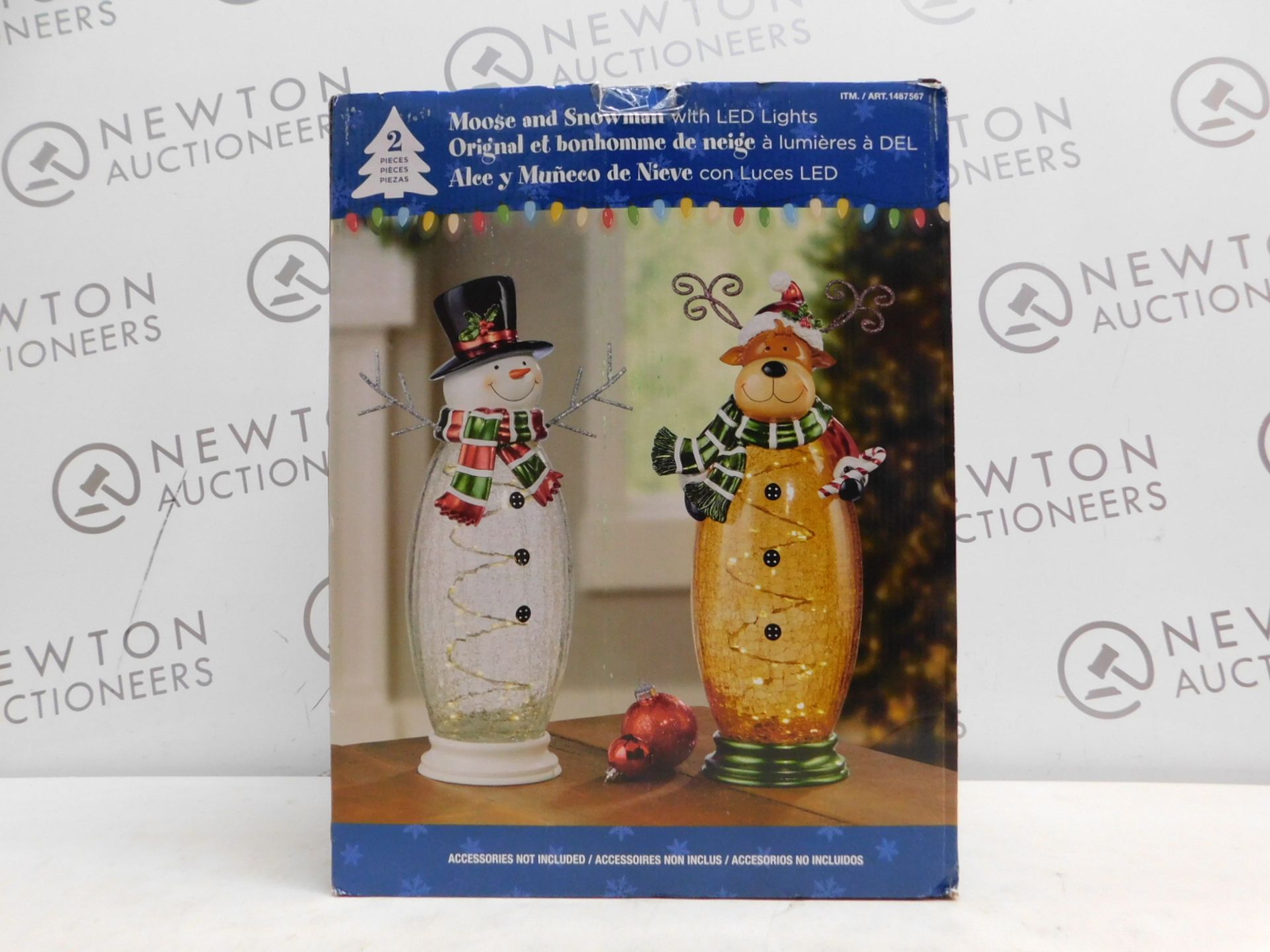 1 BOXED 8 INCHES (41.9CM) INDOOR CRACKLE GLASS SNOWMAN & MOOSE TABLE TOP ORNAMENT WITH 40 LED LIGHTS