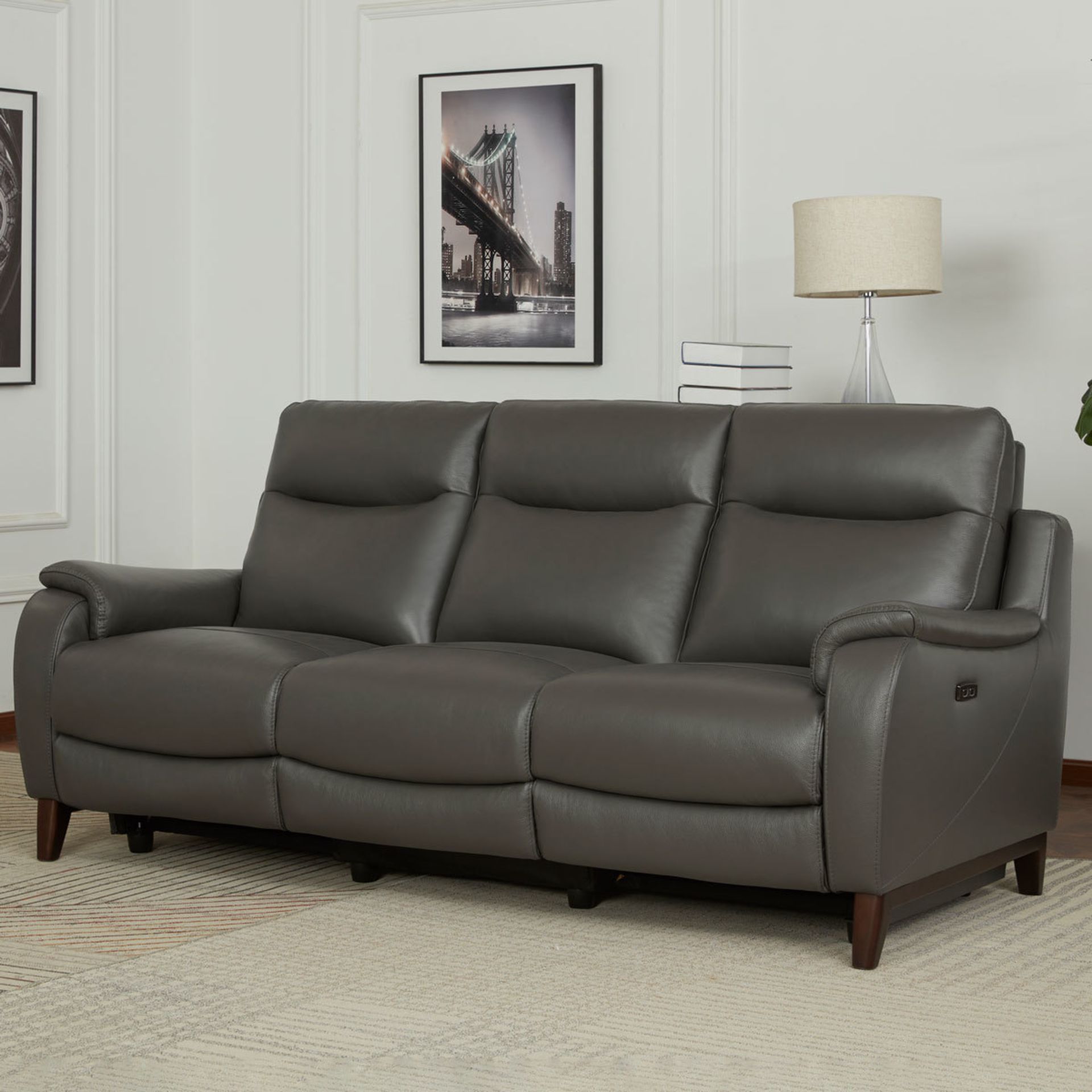 1 GILMAN CREEK BARRETT 3 SEATER GREY LEATHER POWER RECLINING SOFA WITH POWER HEADRESTS RRP Â£1599 (