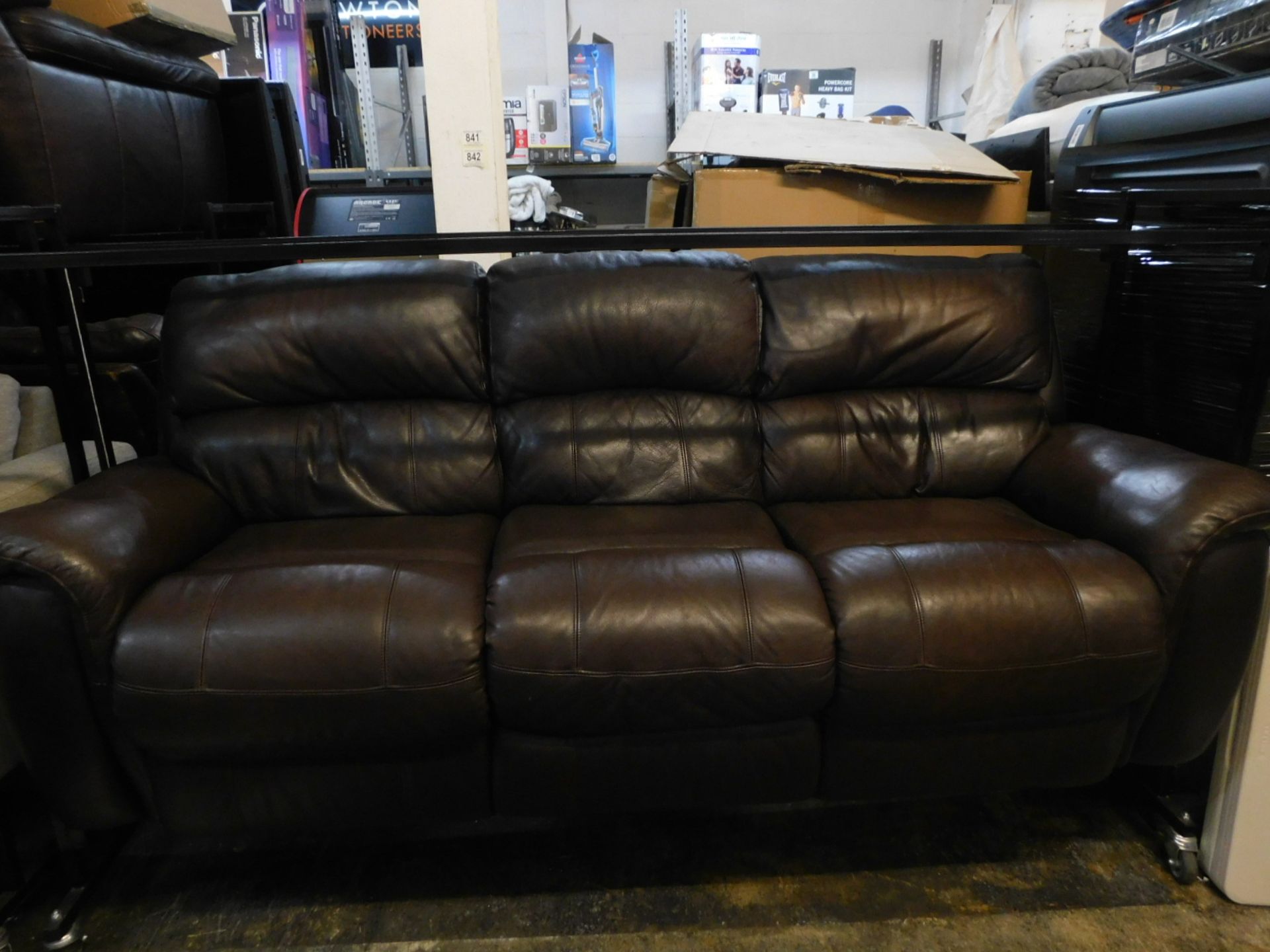 1 PULASKI DARK BROWN 3 SEATER LEATHER MANUAL RECLINER SOFA RRP Â£799 (1 SEAT STITCHING COMING OFF)