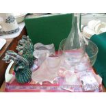 Tray of mixed glass incl. 3 green glass seahorses, paperweights, carafe etc.