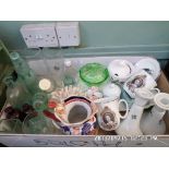 Magpie box of coloured bottles and glassware, dressing table set, ironstone,