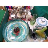 Magpie lot in two boxes incl. coloured glass dessert bowl, paperweights and mixed plateware etc.