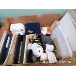 Box of misc. incl. stationery items, volt meter, electric multi-tester, notebooks, batteries etc.