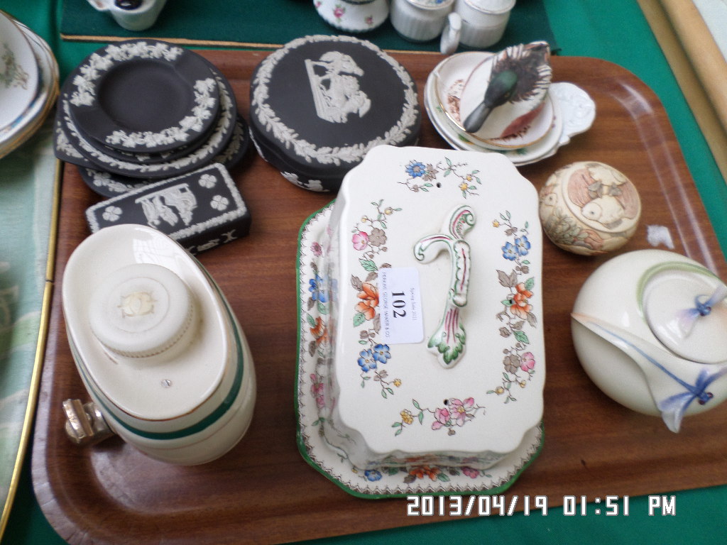 6 black Wedgwood dressing table pieces, Wade sherry keg, Copeland Spode lidded cheese dish,