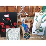 5 decorative wall plaques of Butterflies, Peacock, Poppies etc.