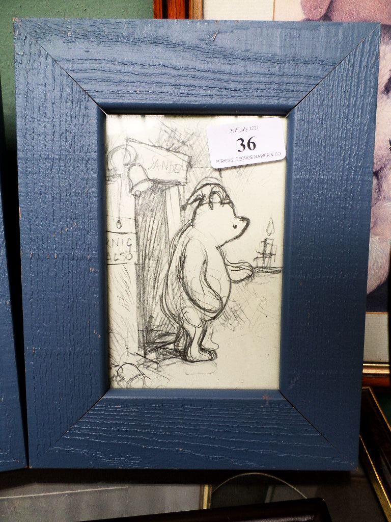 2 framed Winnie the Pooh pencilled drawings signed EHS, framed prints, picture frame etc. - Image 3 of 3