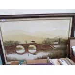 Signed Oriental oil on canvas of a bridge scene