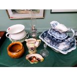Jug and bowl set (the jug repaired) and a further box containing 2 gazundas, oil lamp and misc.