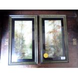 Pair of green and gilt framed rectangular coloured prints each of a pair of swans in forest side