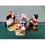 Rare Staffordshire figure of Lochinvar and Ellen each mounted on a grey charger on oval plinth