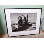 Modern framed black and white signed photograph of piled driftwood,