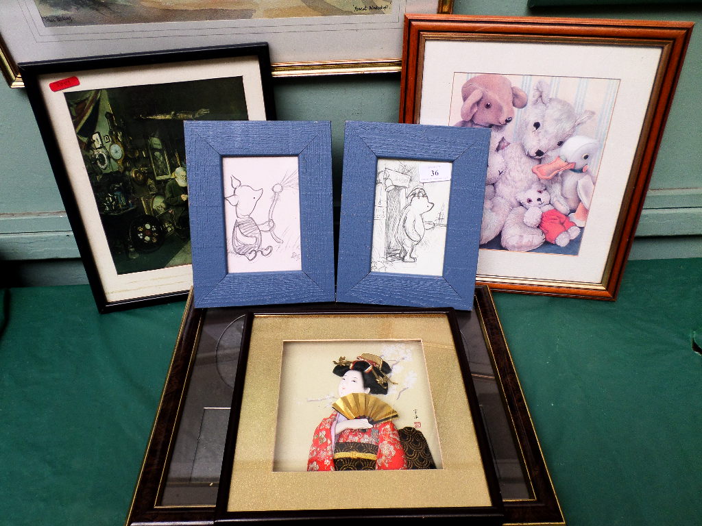 2 framed Winnie the Pooh pencilled drawings signed EHS, framed prints, picture frame etc.