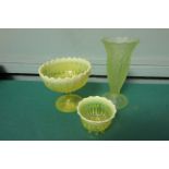 2 yellow vaseline glass posy vases and another green glass specimen vase